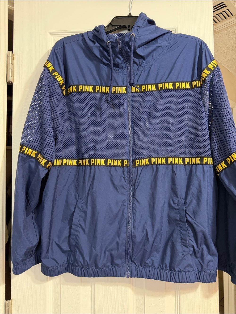 PINK Victoria's Secret Blue Mesh-Panel Hooded Windbreaker with Yellow Logo Tape